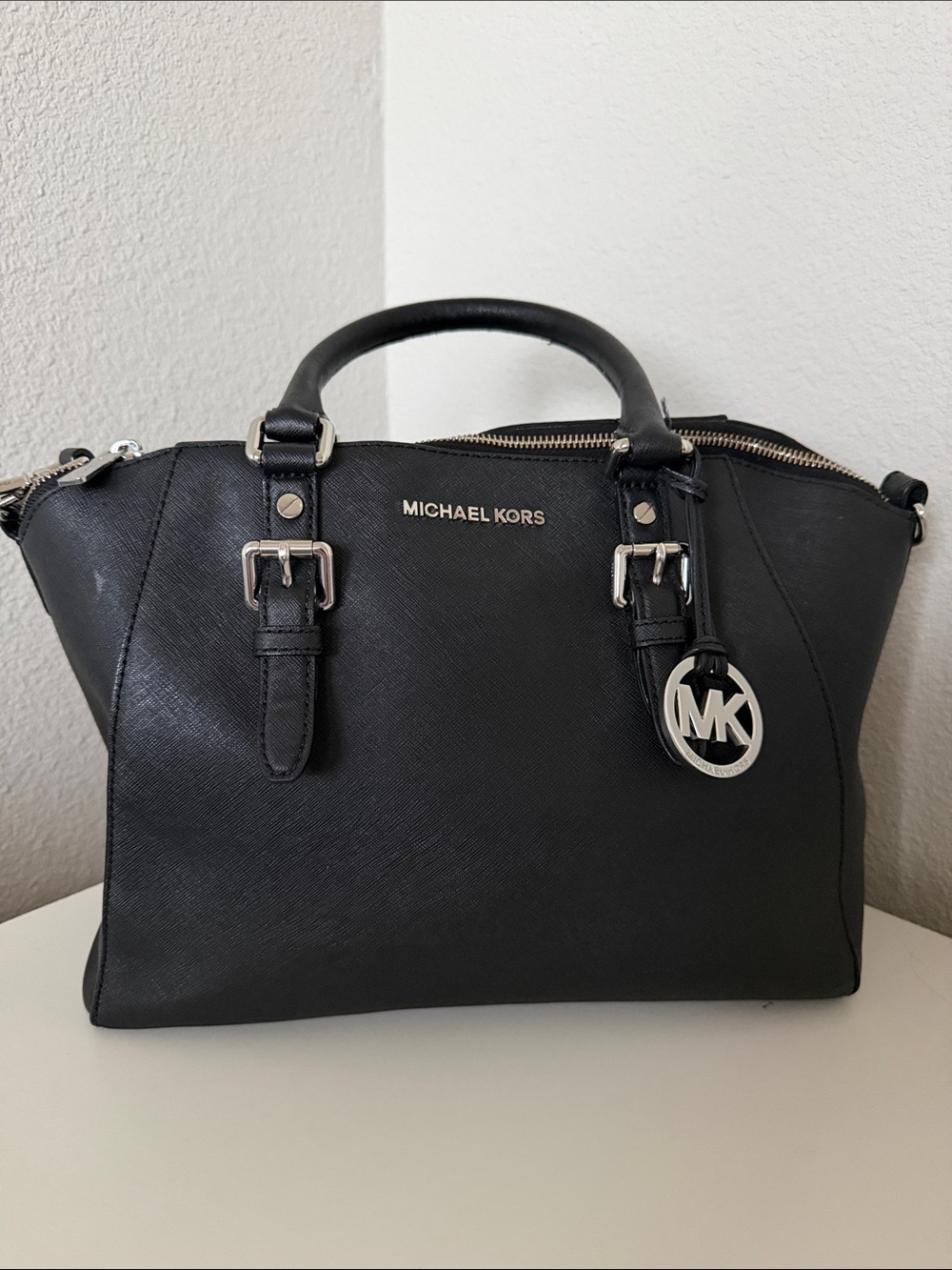 Michael Kors Black Saffiano Satchel with MK Charm